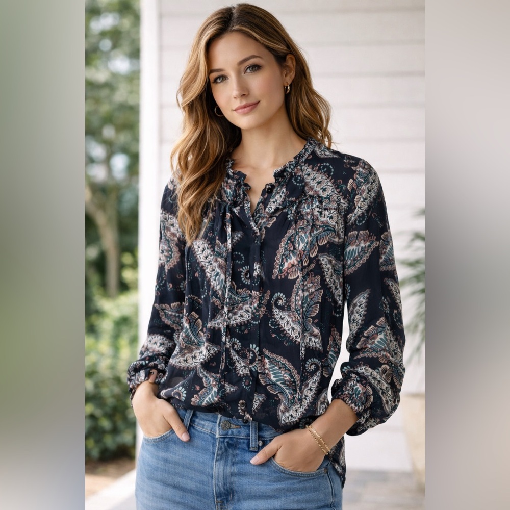 Boho Paisley Sheer Blouse Romantic Cottagecore Flowy LOFT SP Top